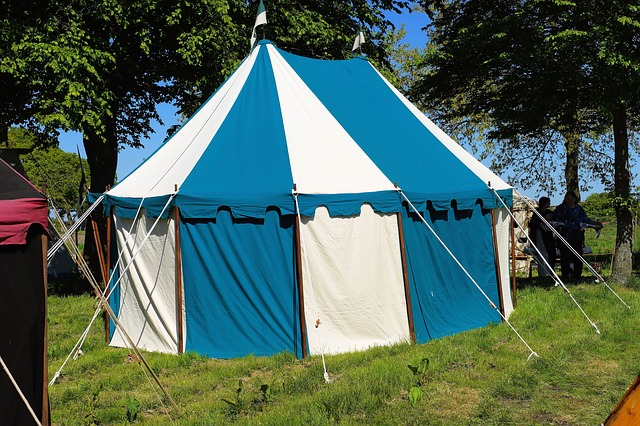 Blue and white tent